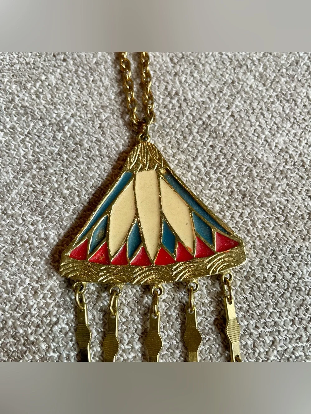 Vintage 1976 Bicentennial Gold Tone Red White Blue Statement Pendant Necklace